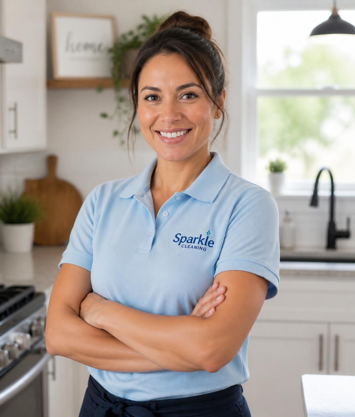 Friendly professional home cleaner standing in a clean, welcoming kitchen