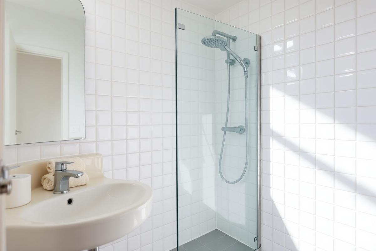 Clean modern bathroom with sparkling glass shower and white tile