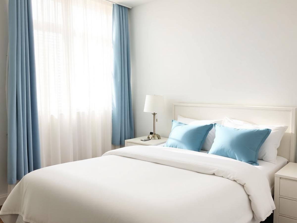 Neatly made bed in a bright, freshly cleaned bedroom