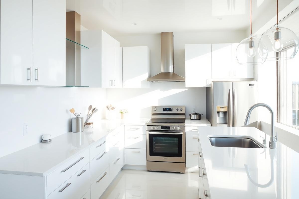 Spotless white kitchen with polished countertops after professional cleaning