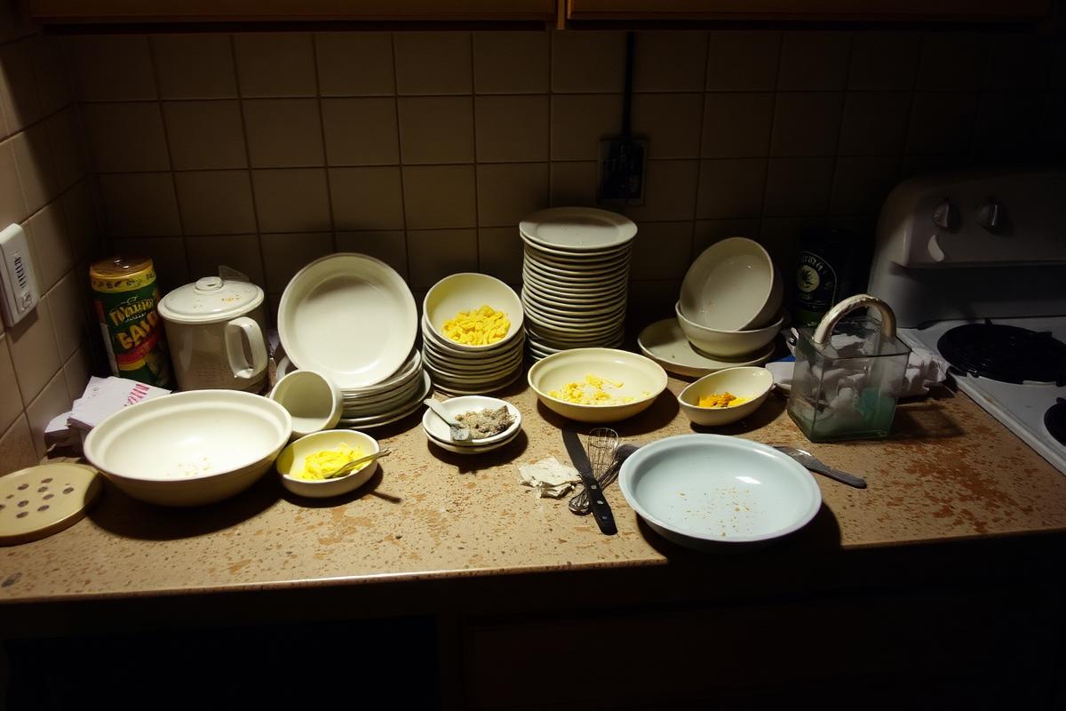 Cluttered kitchen counter before cleaning