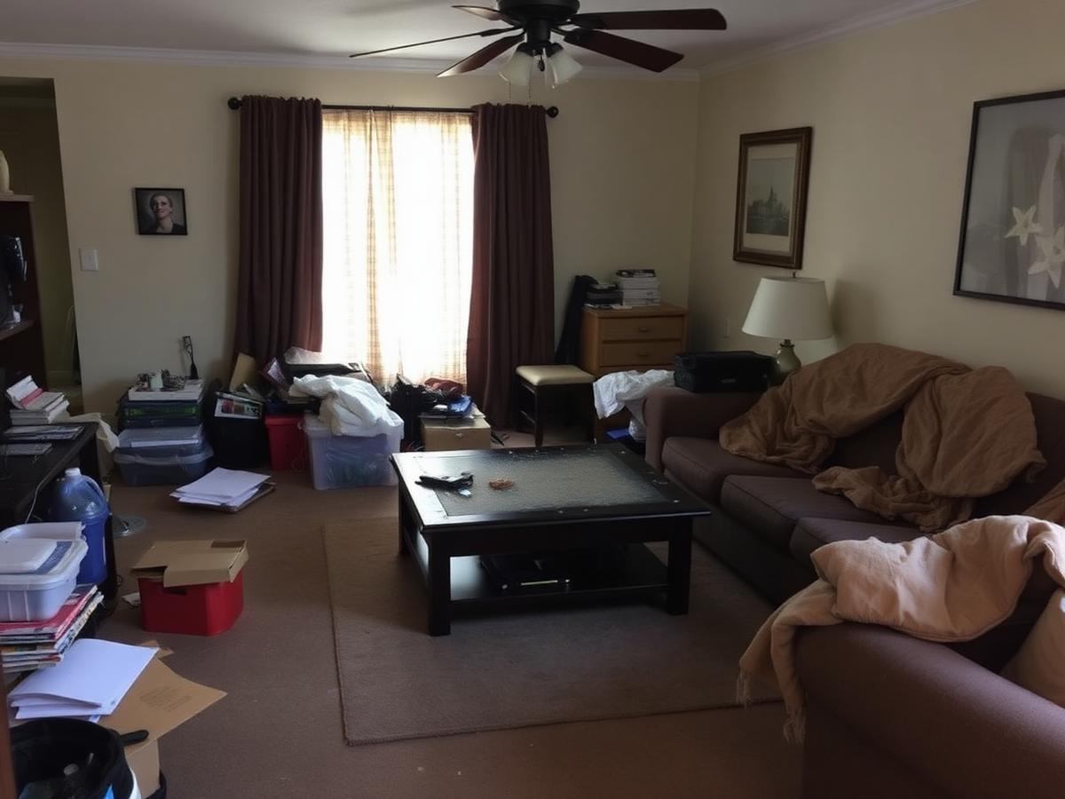 Cluttered living room before cleaning