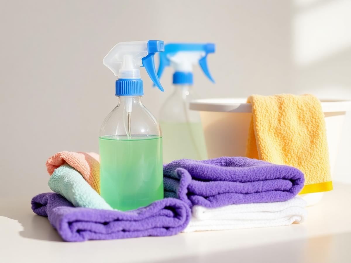 Cleaning supplies and microfiber cloths arranged on a clean counter